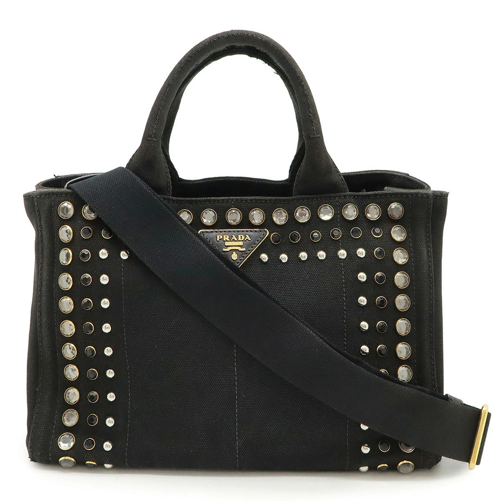 Prada Canapa Tote Bag Crossbody Rhinestone Studs Canvas NERO Black